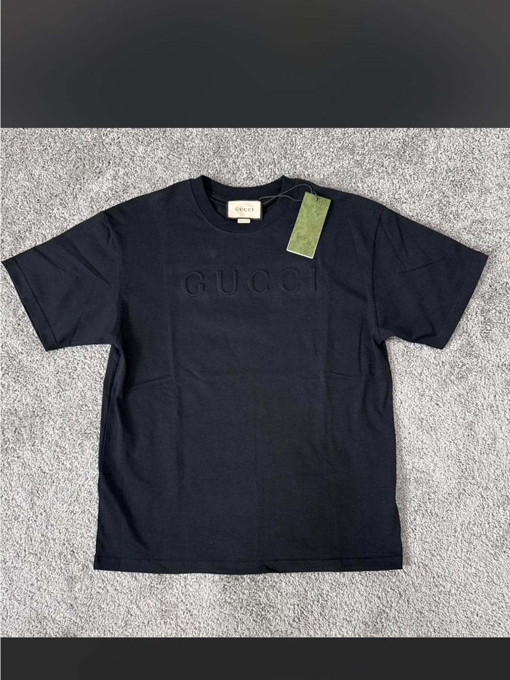 New Gucci Black Embossed Logo Tee size L length 29” wide 21”